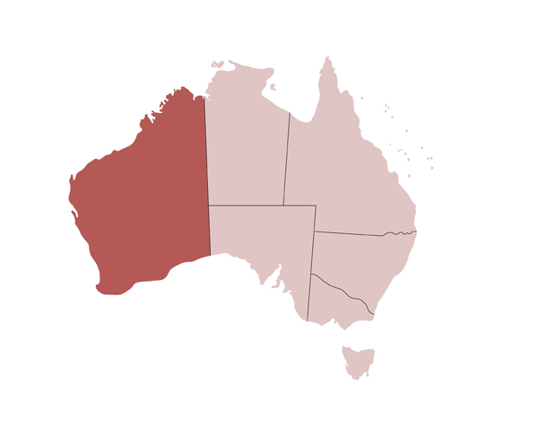 Carte d'Australie côte Ouest région de Perth - Etats et territoires australiens